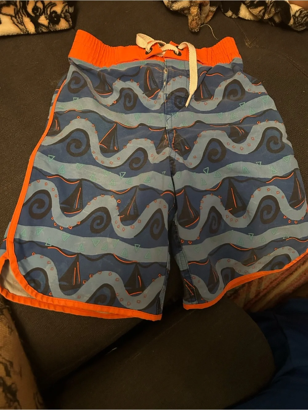 Hanna Anderson Size 8 Blue Wave Print Swim Shorts with Orange Trim